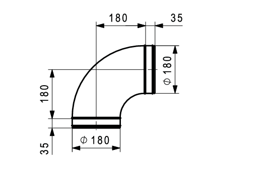 BU-180-90 préselt horganyzott acél csőkönyök 90 fokos, DN 180, gumitömítéssel.