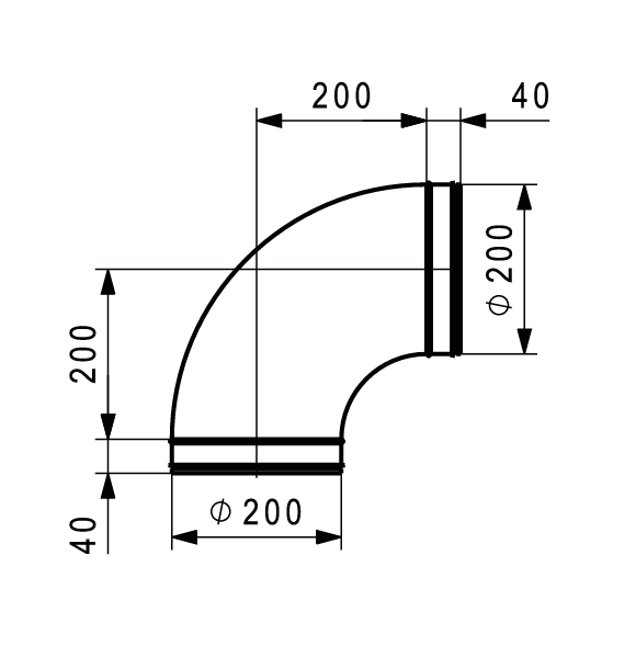 BU-200-90 préselt horganyzott acél csőkönyök 90 fokos, DN 200, gumitömítéssel.