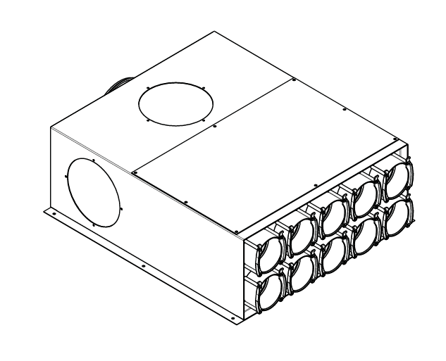 VK-180-90x8 hangcsillapított fém elosztódoboz, variálható DN 180 főággal és 8 db DN 90 kimenettel.