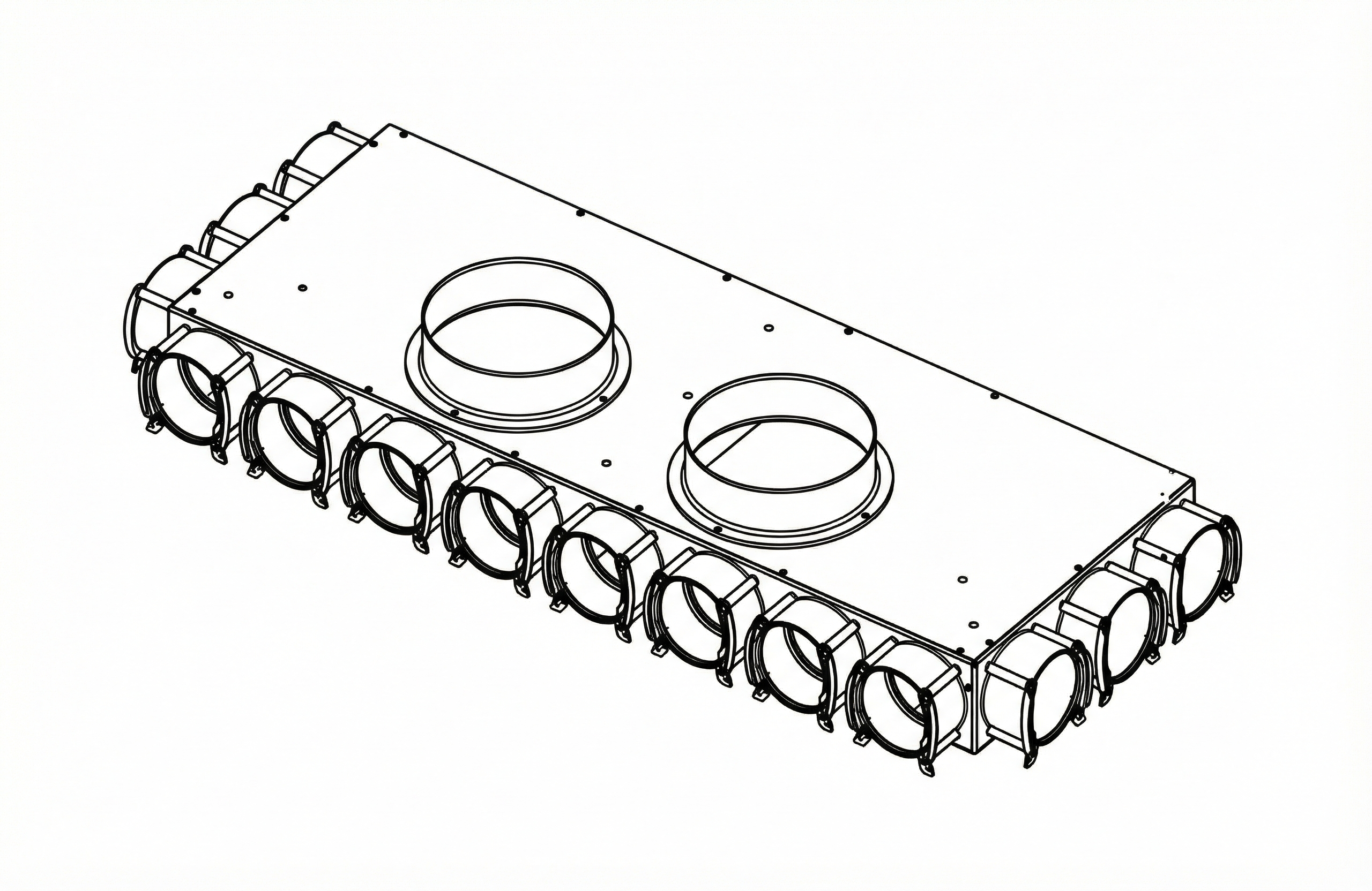VTB-160 14x75 1R betonozható lapos elosztódoboz, 2xDN 160 főág, 7+7 DN 75 kimenet.