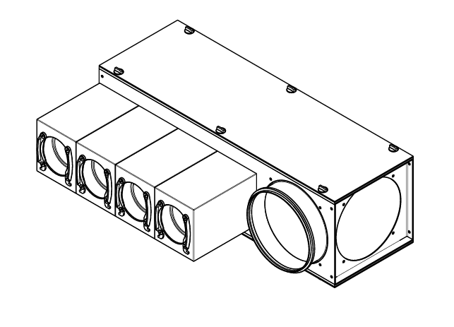 GVT-X 6054090 emeleti elosztó horganyzott acélból, zajszigetelt kivitelben, 4 db DN 160 csatlakozási lehetőséggel.