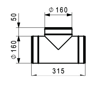 TCPU-160-160 horganyzott acél T-idom kettős tömítéssel, DN 160/160/160.