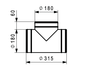 TCPU-180-180 horganyzott acél T-idom kettős tömítéssel, DN 180 minden ágon.
