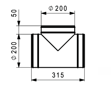 TCPU-200-200 horganyzott acél T-idom kettős EPDM tömítéssel, DN 200 minden ágon.