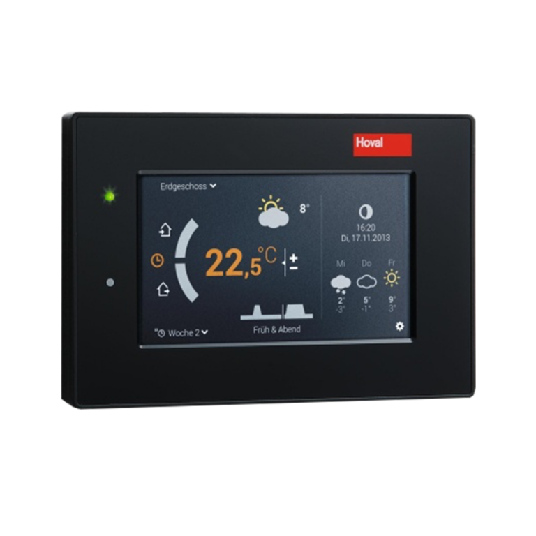 Hoval TopTronic® E Comfort Plus beltéri kezelőegység fűtés, hűtés és szellőzés vezérléséhez, fekete színben.