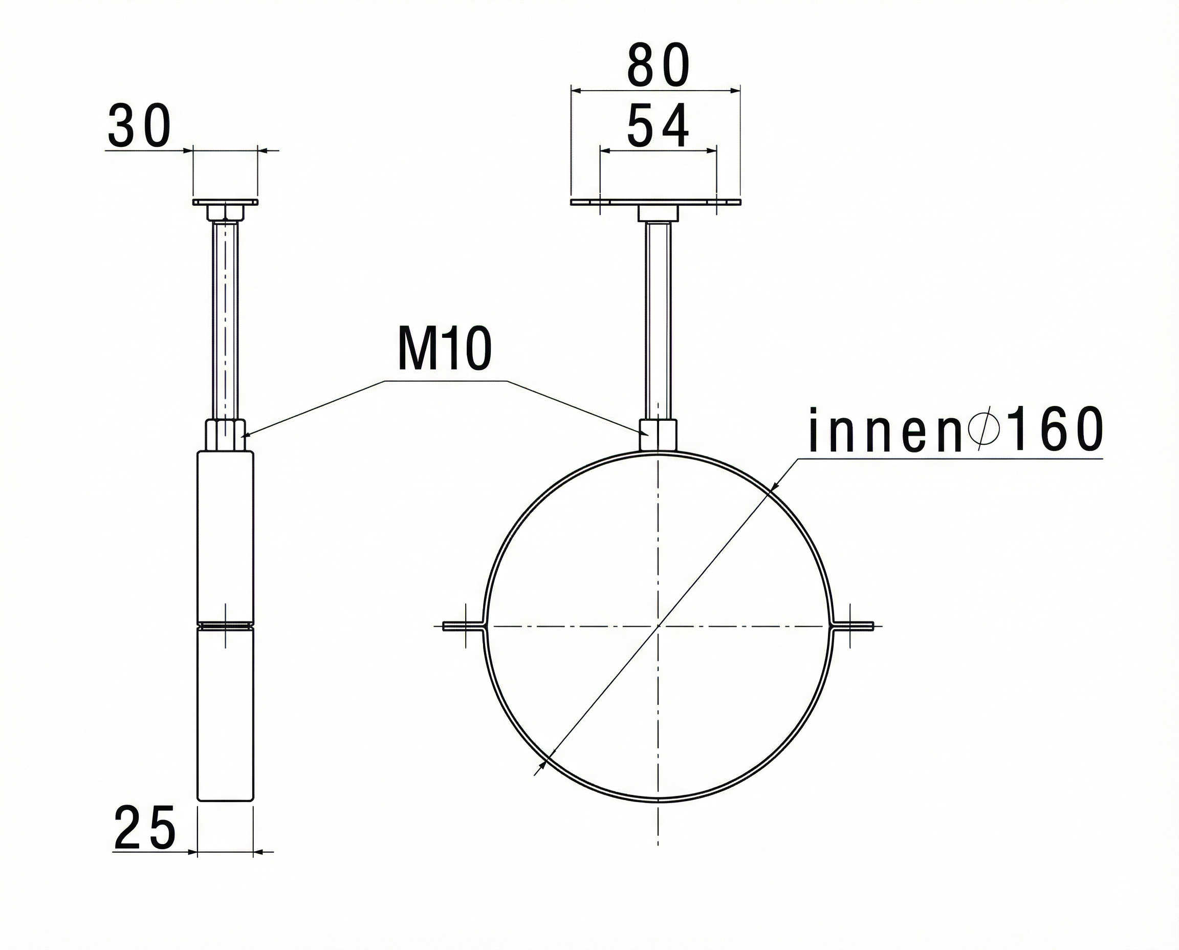 ROS-160 horganyzott acél csőbilincs szett gumibetéttel, menetes szárral és talppal DN 160 csövekhez.